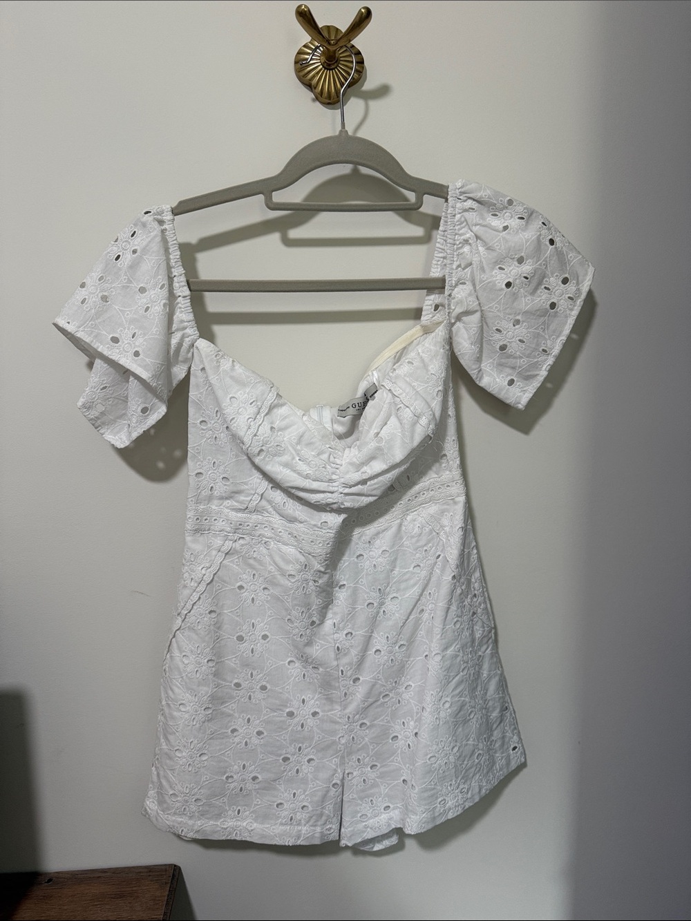 Guess White Eyelet Romper with Puff Sleeves